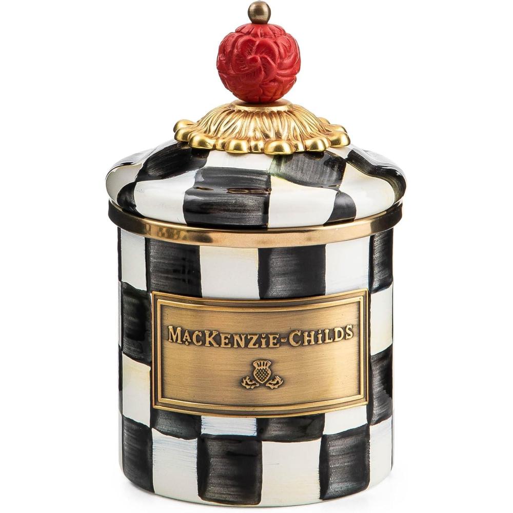 imageMACKENZIECHILDS Mini Enamel Canister Kitchen Storage Container with Lid BrownandWhite Mocha CheckCourtly Check