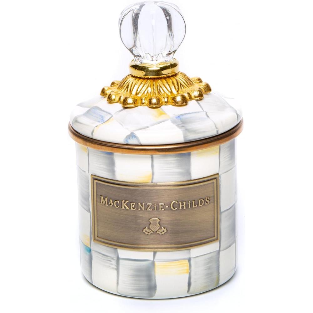 imageMACKENZIECHILDS Mini Enamel Canister Kitchen Storage Container with Lid BrownandWhite Mocha CheckSterling Check