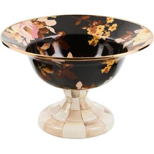 MACKENZIE-CHILDS Enamel Compote, Cute Enamel Pedestal Serving Dish or Decorative Bowl, Small, Brown-and-White Mocha Check(Brown Wild Rose)