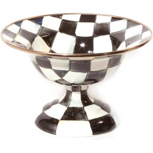 MACKENZIE-CHILDS Enamel Compote, Cute Enamel Pedestal Serving Dish or Decorative Bowl, Small, Brown-and-White Mocha Check(Courtly Check)