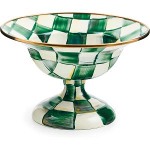 MACKENZIE-CHILDS Enamel Compote, Cute Enamel Pedestal Serving Dish or Decorative Bowl, Small, Brown-and-White Mocha Check(Emerald Check)