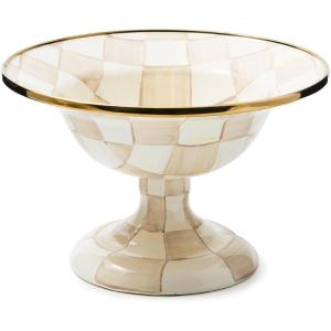 MACKENZIE-CHILDS Enamel Compote, Cute Enamel Pedestal Serving Dish or Decorative Bowl, Small, Brown-and-White Mocha Check(Mocha Check)