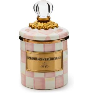 MACKENZIE-CHILDS Mini Enamel Canister, Kitchen Storage Container with Lid, Brown-and-White Mocha Check(Rosy Check)