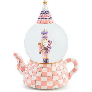 MACKENZIE CHILDS Snow Globe, Christmas Decor for Living Room, Holly Bear(Rosy Check Teapot)