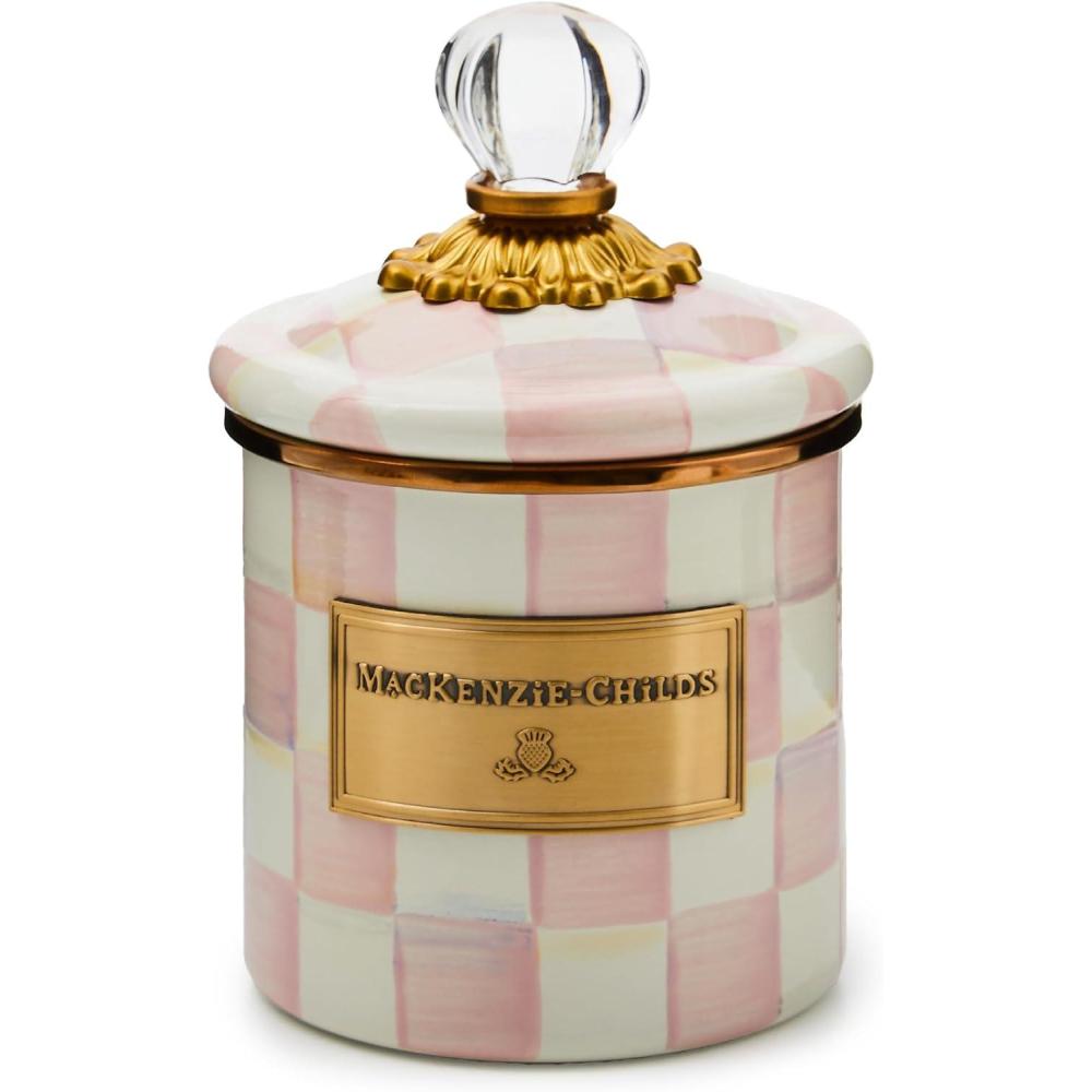 imageMACKENZIECHILDS Demi Enamel Canister Kitchen Storage Container with Lid BrownandWhite Mocha CheckRosy Check