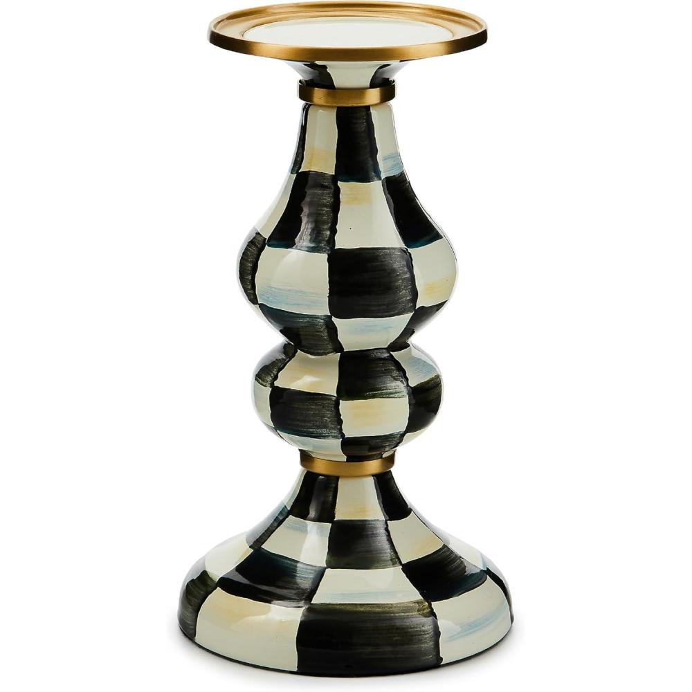 imageMACKENZIECHILDS Enamel Candlestick Cute CandleHolder Decor Short BrownandWhite Mocha CheckCourtly Check