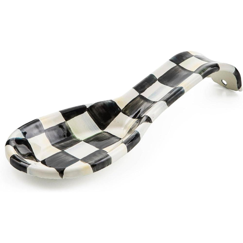 imageMACKENZIECHILDS Enamel Spoon Rest Kitchen Utensil Rest and Spoon Holder Kitchen Decor BrownandWhite Mocha CheckCourtly Check