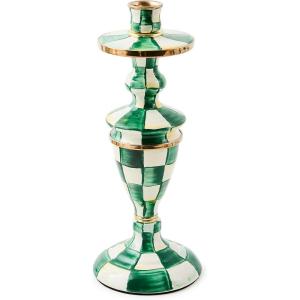 MACKENZIE-CHILDS Enamel Candlestick, Cute Candle-Holder Decor, Short, Brown-and-White Mocha Check(Emerald Check)
