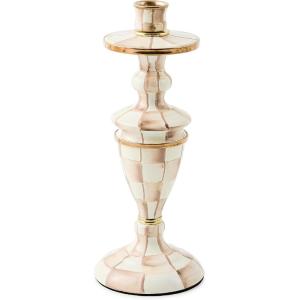 MACKENZIE-CHILDS Enamel Candlestick, Cute Candle-Holder Decor, Short, Brown-and-White Mocha Check(Mocha Check)