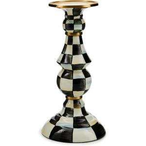 MACKENZIE-CHILDS Enamel Pillar Candlestick, Cute Pillar Candle Stand, Large, Brown-and-White Mocha Check(Courtly Check)