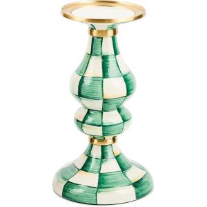 MACKENZIE-CHILDS Enamel Pillar Candlestick, Cute Pillar Candle Stand, Large, Brown-and-White Mocha Check(Emerald Check)