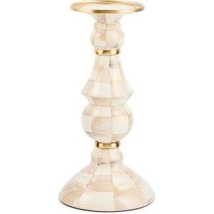 MACKENZIE-CHILDS Enamel Pillar Candlestick, Cute Pillar Candle Stand, Large, Brown-and-White Mocha Check(Mocha Check)