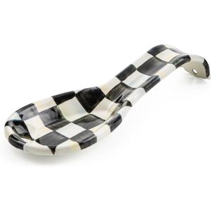 MACKENZIE-CHILDS Enamel Spoon Rest, Kitchen Utensil Rest and Spoon Holder, Kitchen Decor, Brown-and-White Mocha Check(Courtly Check)