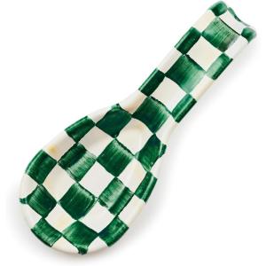 MACKENZIE-CHILDS Enamel Spoon Rest, Kitchen Utensil Rest and Spoon Holder, Kitchen Decor, Brown-and-White Mocha Check(Emerald Check)