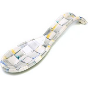 MACKENZIE-CHILDS Enamel Spoon Rest, Kitchen Utensil Rest and Spoon Holder, Kitchen Decor, Brown-and-White Mocha Check(Sterling Check)