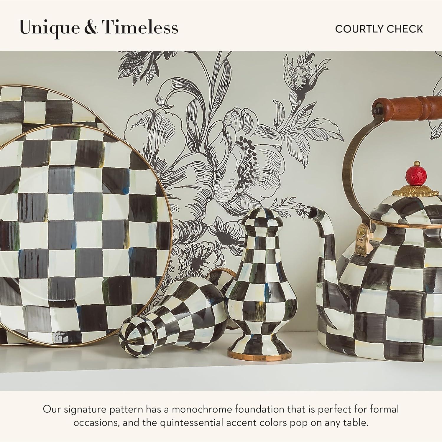 imageMACKENZIECHILDS Enamel Salt and Pepper Shakers Kitchen Table Spice Shaker Set GrayandWhite Sterling Check LargeCourtly Check