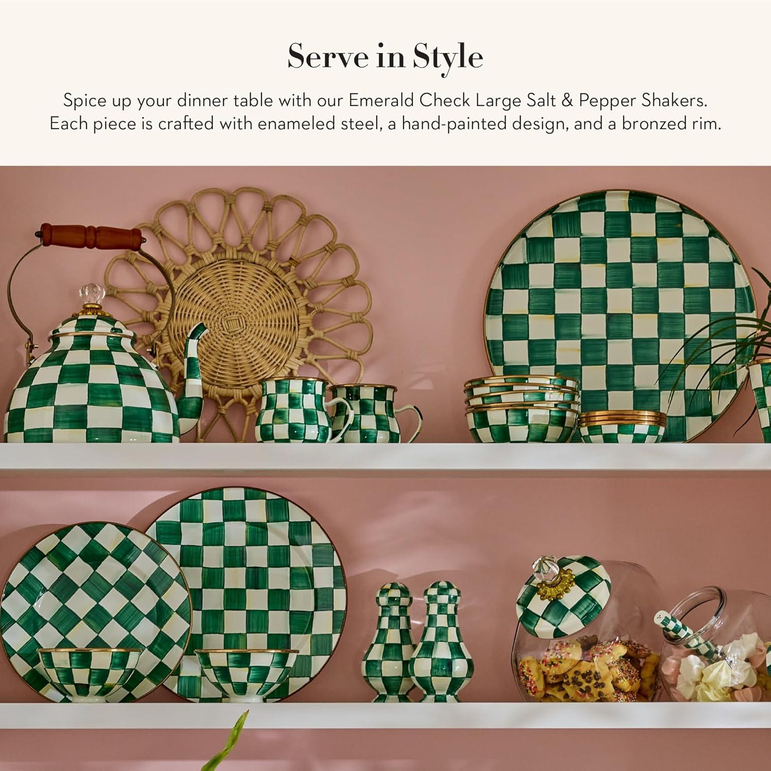 imageMACKENZIECHILDS Enamel Salt and Pepper Shakers Kitchen Table Spice Shaker Set GrayandWhite Sterling Check LargeEmerald Check