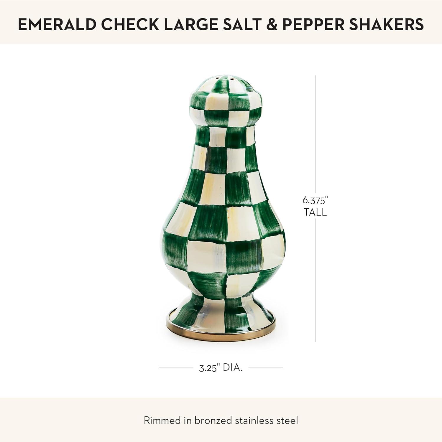 imageMACKENZIECHILDS Enamel Salt and Pepper Shakers Kitchen Table Spice Shaker Set GrayandWhite Sterling Check LargeEmerald Check