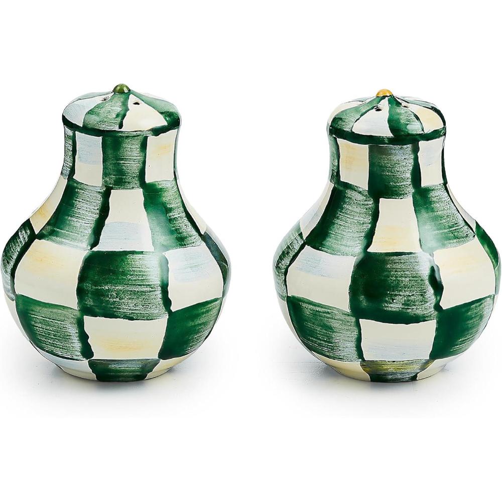 imageMACKENZIECHILDS Enamel Salt and Pepper Shakers Kitchen Table Spice Shaker Set GrayandWhite Sterling Check LargeEmerald Check