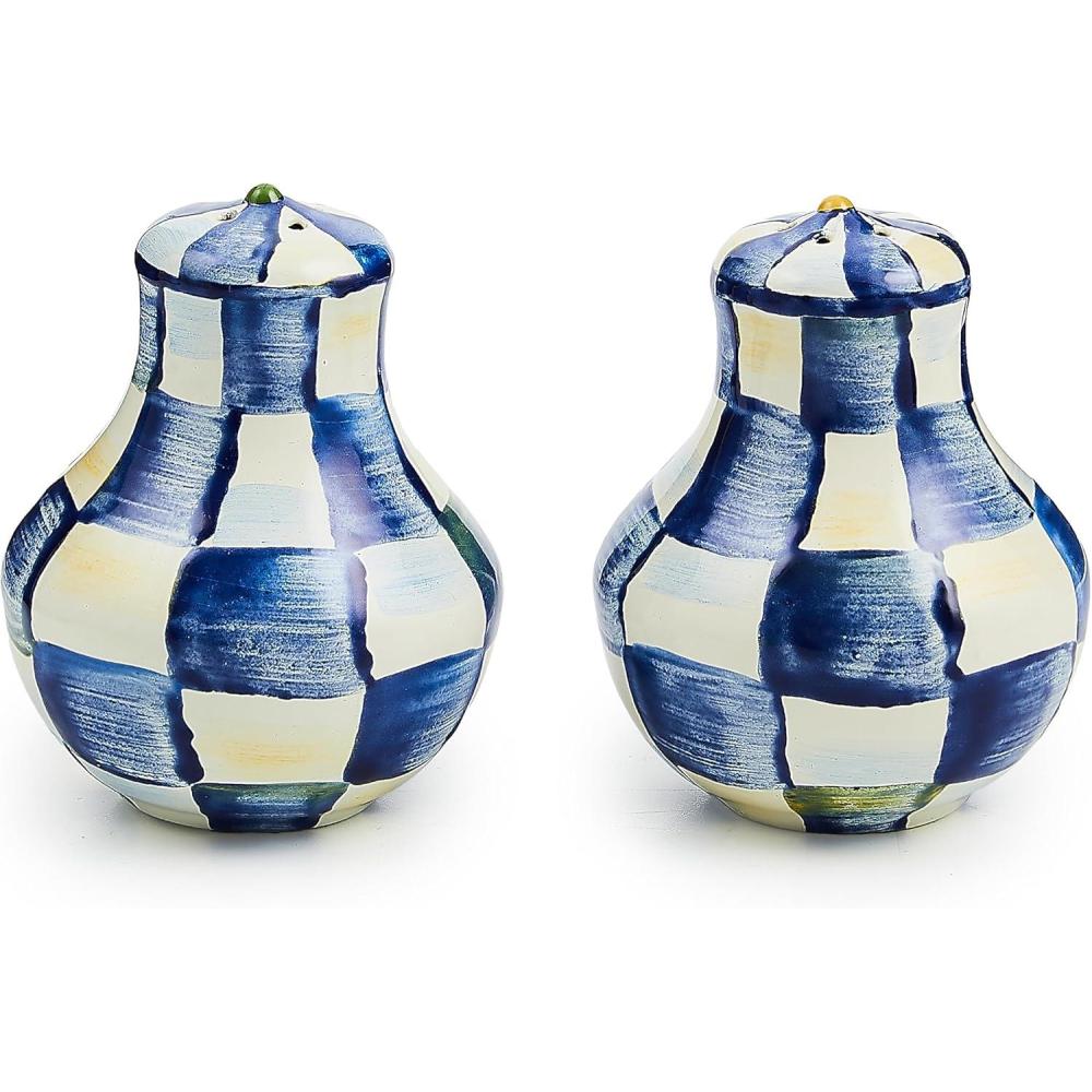 imageMACKENZIECHILDS Enamel Salt and Pepper Shakers Kitchen Table Spice Shaker Set GrayandWhite Sterling Check LargeRoyal Check