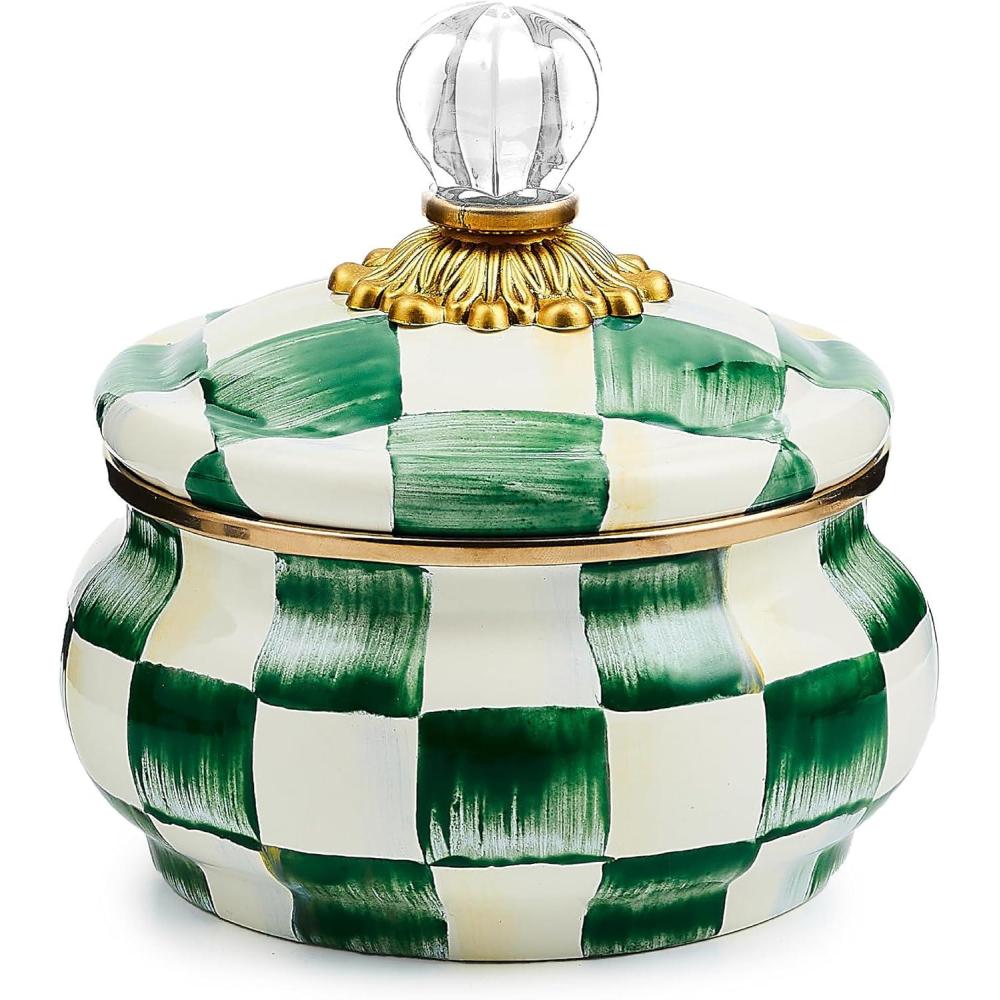 imageMACKENZIECHILDS Enamel Squashed Pot Cute Enameled Container with Lid 20 Ounces BrownandWhite Mocha CheckEmerald Check