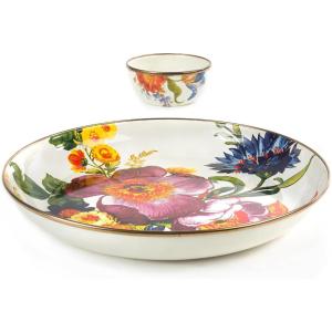 MACKENZIE CHILDS Chip-and-Dip Serving Set, Abundant Bowl and Pinch Bowl Set, Gray-and-White Sterling Check(Flower Market White)