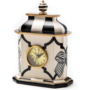 MACKENZIE-CHILDS Desk Clock, Decorative Living Room, Bedroom, or Office Desk Clock, Gray-and-White Sterling Check(Pretty as a Bow)