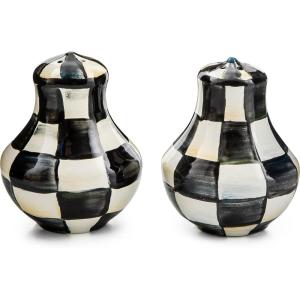 MACKENZIE-CHILDS Enamel Salt and Pepper Shakers, Kitchen Table Spice Shaker Set, Gray-and-White Sterling Check, Large(Courtly Check)