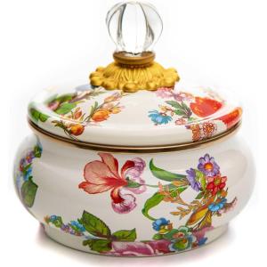 MACKENZIE-CHILDS Enamel Squashed Pot, Cute Enameled Container with Lid, 20 Ounces, Brown-and-White Mocha Check(White Flower Market)