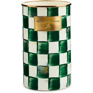 MACKENZIE-CHILDS Enamel Utensil Holder, Kitchen Utensil Holder for Countertop, Brown-and-White Mocha Check(Emerald Check)