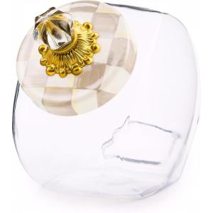 MACKENZIE-CHILDS Sweets Jar with Enamel Lid, Small Glass Cookie Jar or Kitchen Jar, 0.5-Gallon Capacity, Brown-and-White Mocha Check(Mocha Check)