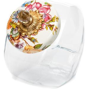 MACKENZIE-CHILDS Sweets Jar with Enamel Lid, Small Glass Cookie Jar or Kitchen Jar, 0.5-Gallon Capacity, Brown-and-White Mocha Check(White Flower Market)