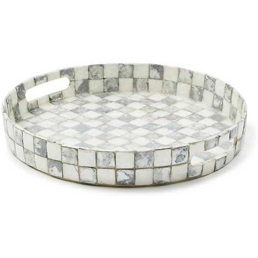 imageMACKENZIECHILDS Capiz Round Tray Unique Serving Platter for Food and Drinks GrayandWhite Sterling CheckSterling Check