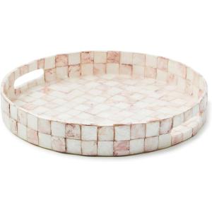 MACKENZIE-CHILDS Capiz Round Tray, Unique Serving Platter for Food and Drinks, Gray-and-White Sterling Check(Rosy Check)