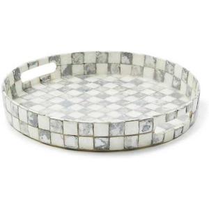 MACKENZIE-CHILDS Capiz Round Tray, Unique Serving Platter for Food and Drinks, Gray-and-White Sterling Check(Sterling Check)