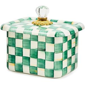 MACKENZIE-CHILDS Enamel Recipe Box, Index Card Box with Lid, Includes 40 Recipe Cards, Gray-and-White Sterling Check(Emerald Check)