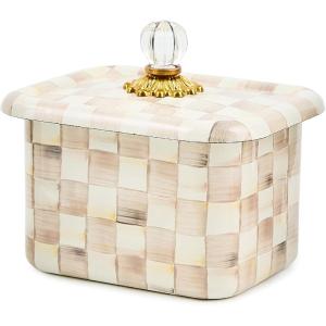 MACKENZIE-CHILDS Enamel Recipe Box, Index Card Box with Lid, Includes 40 Recipe Cards, Gray-and-White Sterling Check(Mocha Check)