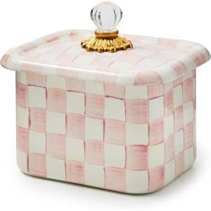 MACKENZIE-CHILDS Enamel Recipe Box, Index Card Box with Lid, Includes 40 Recipe Cards, Gray-and-White Sterling Check(Rosy Check)