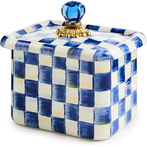 MACKENZIE-CHILDS Enamel Recipe Box, Index Card Box with Lid, Includes 40 Recipe Cards, Gray-and-White Sterling Check(Royal Check)