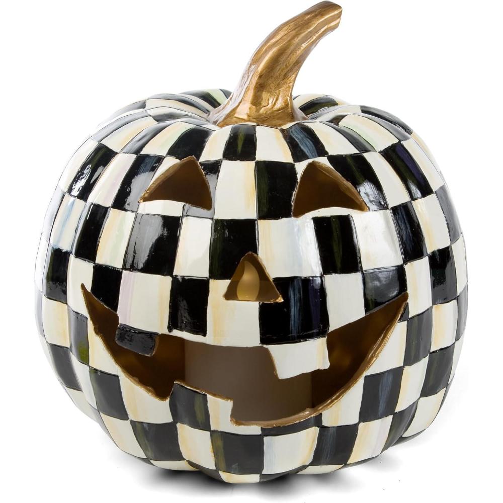 imageMACKENZIECHILDS Courtly Check Illuminated JackOLantern BlackandWhite LightUp Pumpkin Decor for Halloween