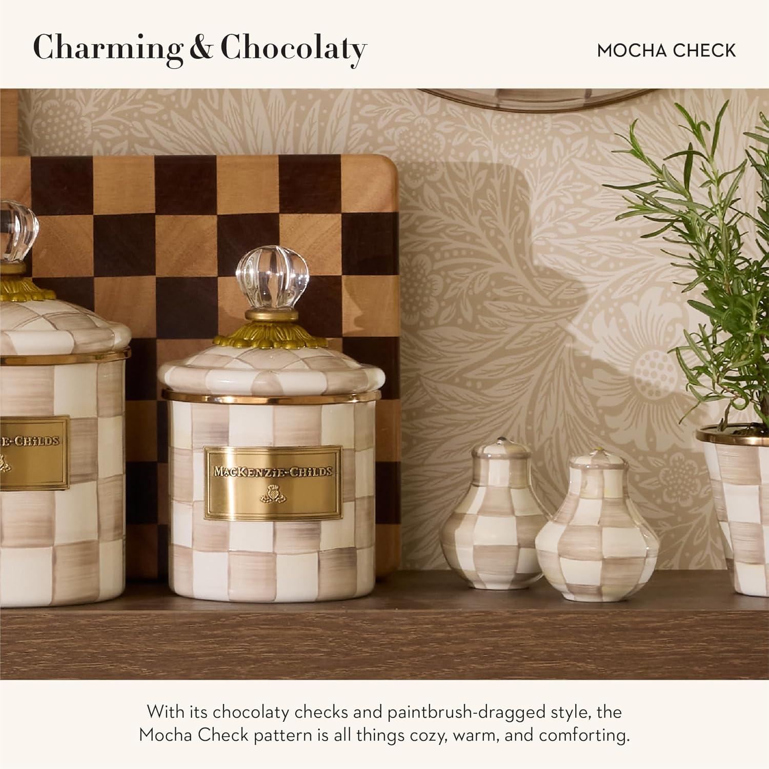 image:imageMACKENZIECHILDS Enamel Salt and Pepper Shakers Kitchen Table Spice Shaker Set BrownandWhite Mocha Check LargeMocha Check