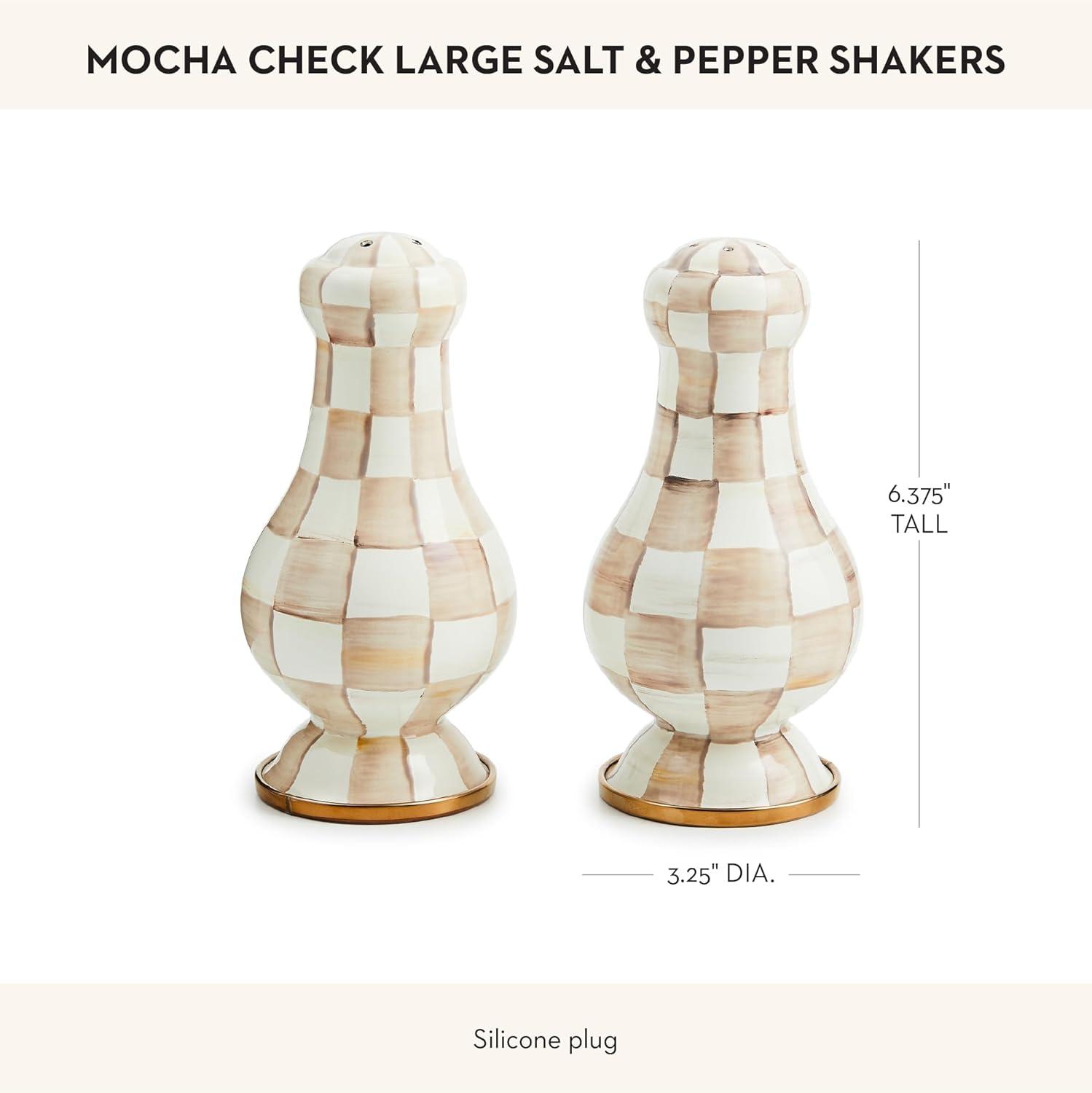 image:imageMACKENZIECHILDS Enamel Salt and Pepper Shakers Kitchen Table Spice Shaker Set BrownandWhite Mocha Check LargeMocha Check