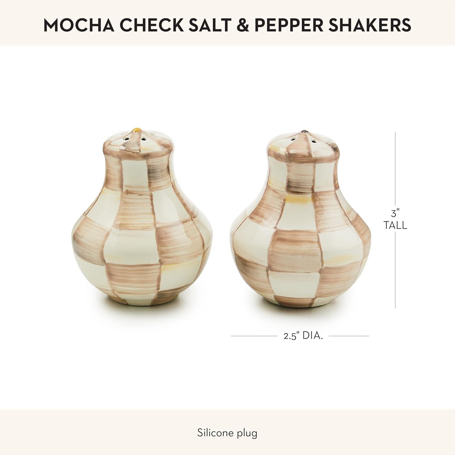 image:imageMACKENZIECHILDS Enamel Salt and Pepper Shakers Kitchen Table Spice Shaker Set BrownandWhite Mocha Check LargeMocha Check