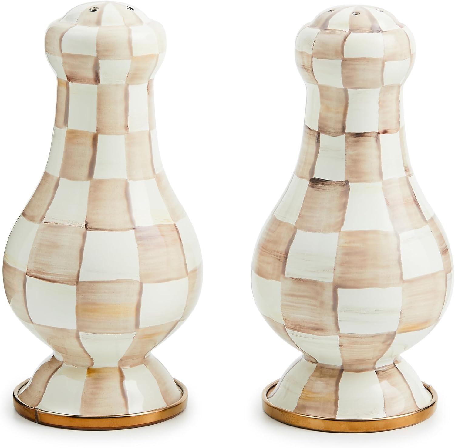 image:imageMACKENZIECHILDS Enamel Salt and Pepper Shakers Kitchen Table Spice Shaker Set BrownandWhite Mocha Check LargeMocha Check