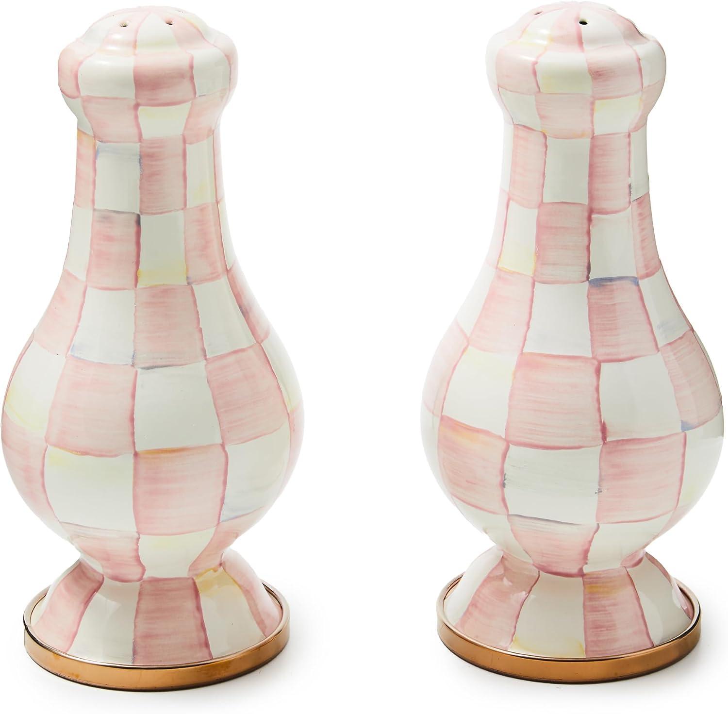 image:imageMACKENZIECHILDS Enamel Salt and Pepper Shakers Kitchen Table Spice Shaker Set BrownandWhite Mocha Check LargeRosy Check