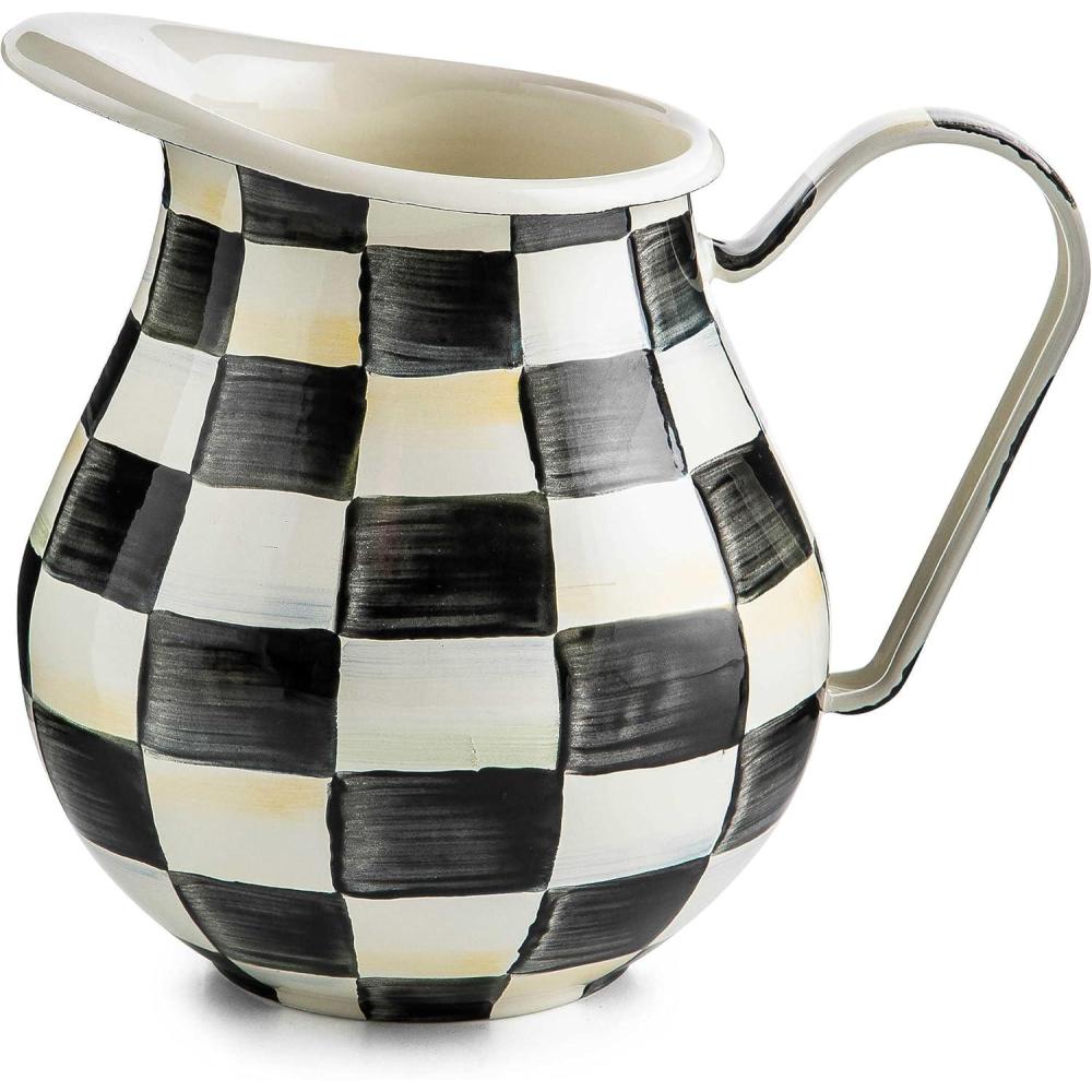image:imageMACKENZIECHILDS Enamel Pitcher with Spout for Water Cut Flowers and Home Decor 3 Quarts BrownandWhite Mocha CheckCourtly Check
