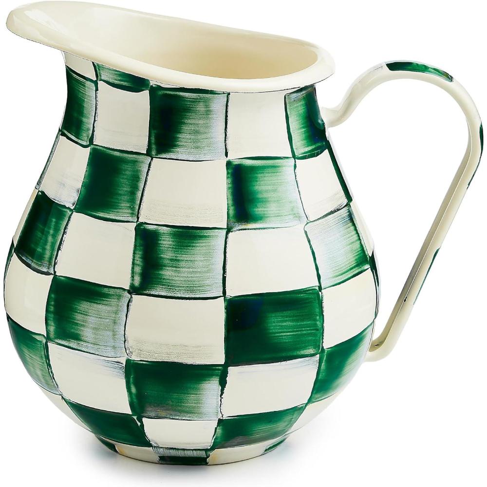 image:imageMACKENZIECHILDS Enamel Pitcher with Spout for Water Cut Flowers and Home Decor 3 Quarts BrownandWhite Mocha CheckEmerald Check