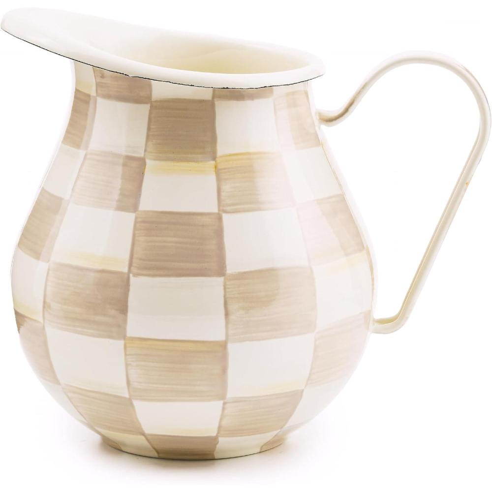 image:imageMACKENZIECHILDS Enamel Pitcher with Spout for Water Cut Flowers and Home Decor 3 Quarts BrownandWhite Mocha CheckMocha Check