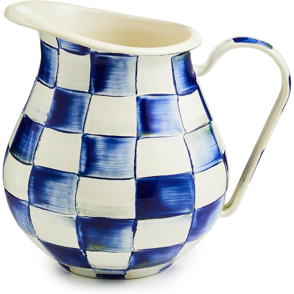 image:imageMACKENZIECHILDS Enamel Pitcher with Spout for Water Cut Flowers and Home Decor 3 Quarts BrownandWhite Mocha CheckRoyal Check