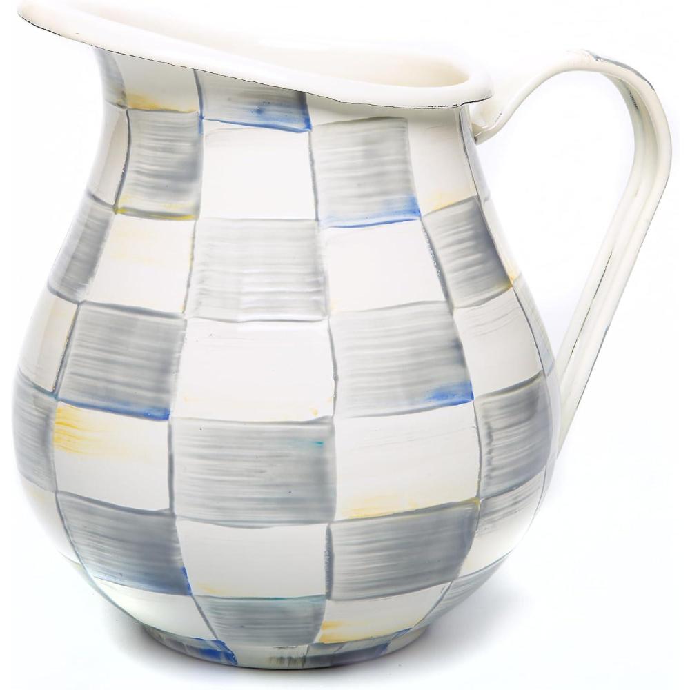 image:imageMACKENZIECHILDS Enamel Pitcher with Spout for Water Cut Flowers and Home Decor 3 Quarts BrownandWhite Mocha CheckSterling Check
